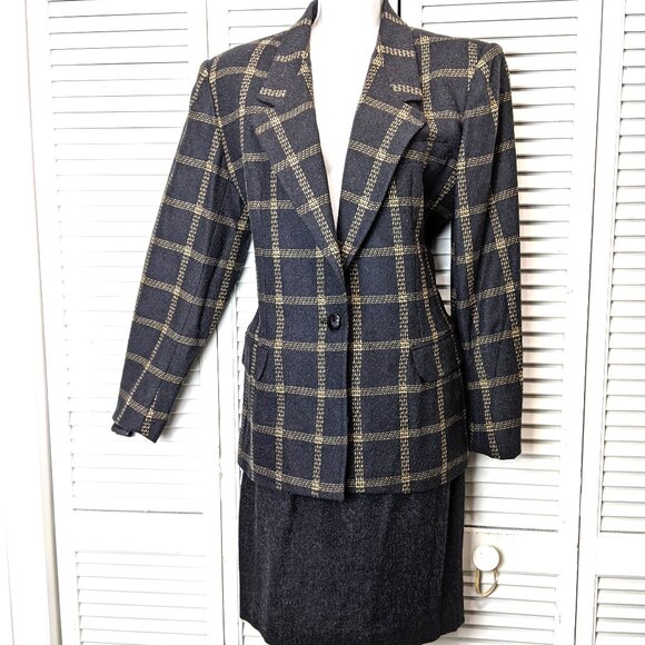 Toffs Vintage 90s Academia Wool Skirt Suit sz 8 Charcoal Gray Plaid Tailored - Picture 1 of 13